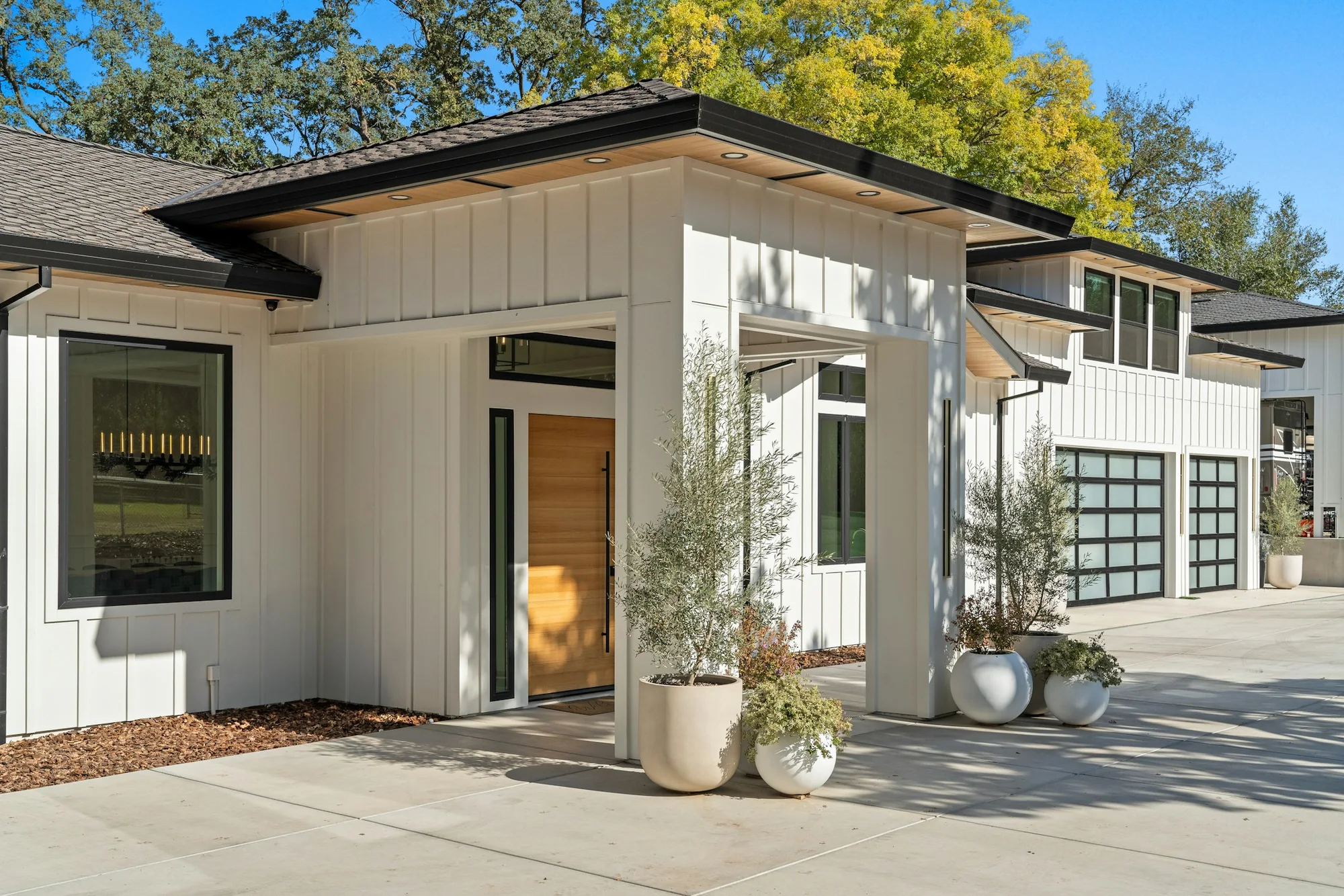 Contemporary white home with a warm wood entry and landscaped front yard